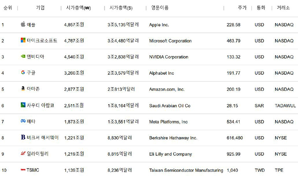 2024년 7월 9일 현재 세계 시총 기업 TOP 10 [출처 = 김성규 교수 발제 자료] 